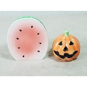 Halloween Pumpkin Salt & Pepper Shakers Watermelon Fruit Ceramic Green Orange